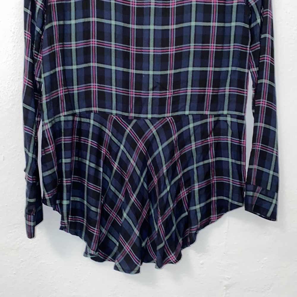 Lucky Brand Blue Plaid Tunic W/ Peplum Back, Popover Button Long Sleeve blouse - Picture 6 of 7